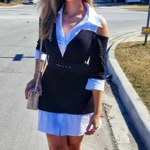 Black and white belted shirt dress